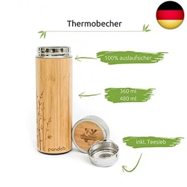 Pandoo Bamboo Tea Bottle Holder Thermo Mug - Butelka termiczna z podwójnymi ściankami, kubek podróżny,