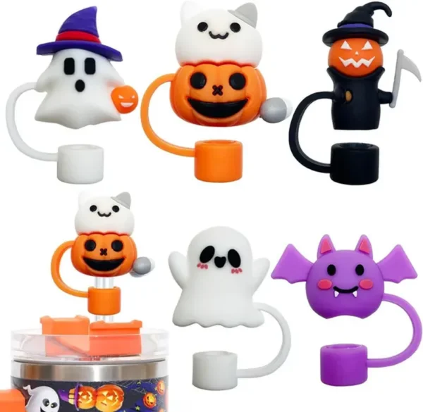 2024 Halloweenowa nakładka na słomkę Silikonowa nakładka na słomkę do kubka Stanley 30 i 40 uncji z uchwytem Upiorny wystrój, 10 mm 0,4 cala Odporne na kurz końcówki słomek wielokrotnego użytku Pokrywki na prezenty na Halloween