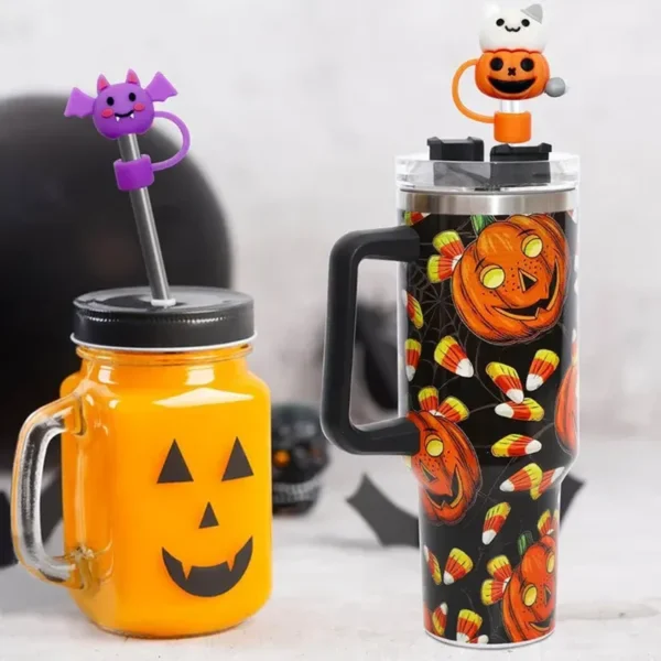 2024 Halloweenowa nakładka na słomkę Silikonowa nakładka na słomkę do kubka Stanley 30 i 40 uncji z uchwytem Upiorny wystrój, 10 mm 0,4 cala Odporne na kurz końcówki słomek wielokrotnego użytku Pokrywki na prezenty na Halloween