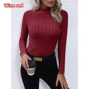 Damskie bluzki z golfem Jesień Zima Wysoki Stylowy Kołnierz Długi Rękaw Kniited Bluzki Fashion Pit Strip Wyszczuplające Bluzki Casualowe Ladies Sexy Tops