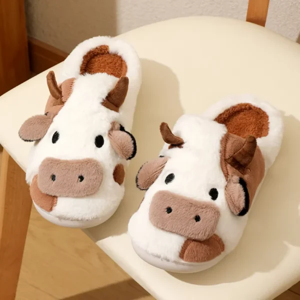 New Cute Winter Unisex Cartoon Cow Warm Plush Slippers Couple&#039;S Indoor Non-Slip House Slides Men and Women Toe Wrap Home Cotton Shoes